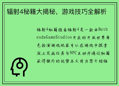 辐射4秘籍大揭秘,游戏技巧全解析
