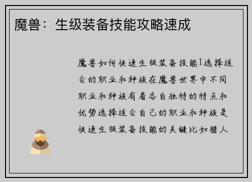 魔兽:生级装备技能攻略速成